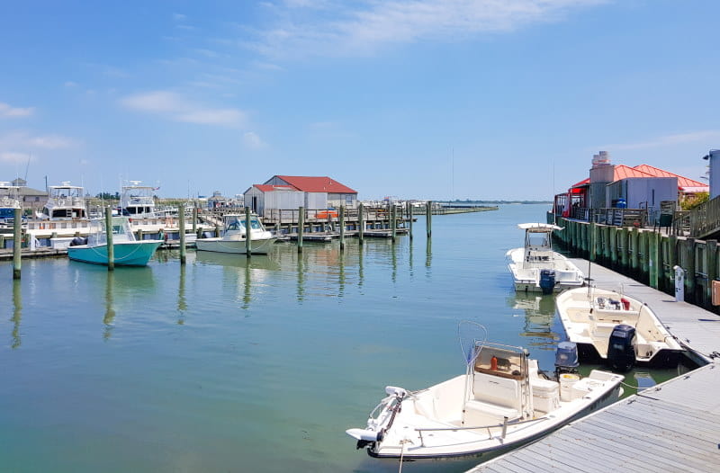 Image of a beautiful Cape May marina with romantic colorful boats docked on the pier