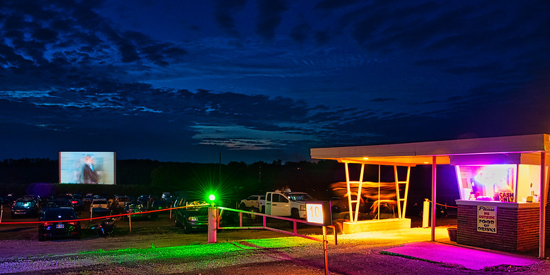 A night view of drive-in movie theater