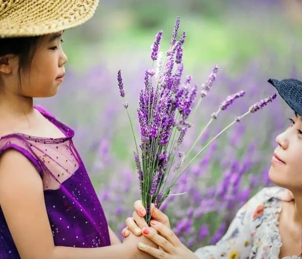 Image of a mother and a daughter holing a bunch of lavender together at the Pleasant Valley Lavender Farm in Morganville NJ