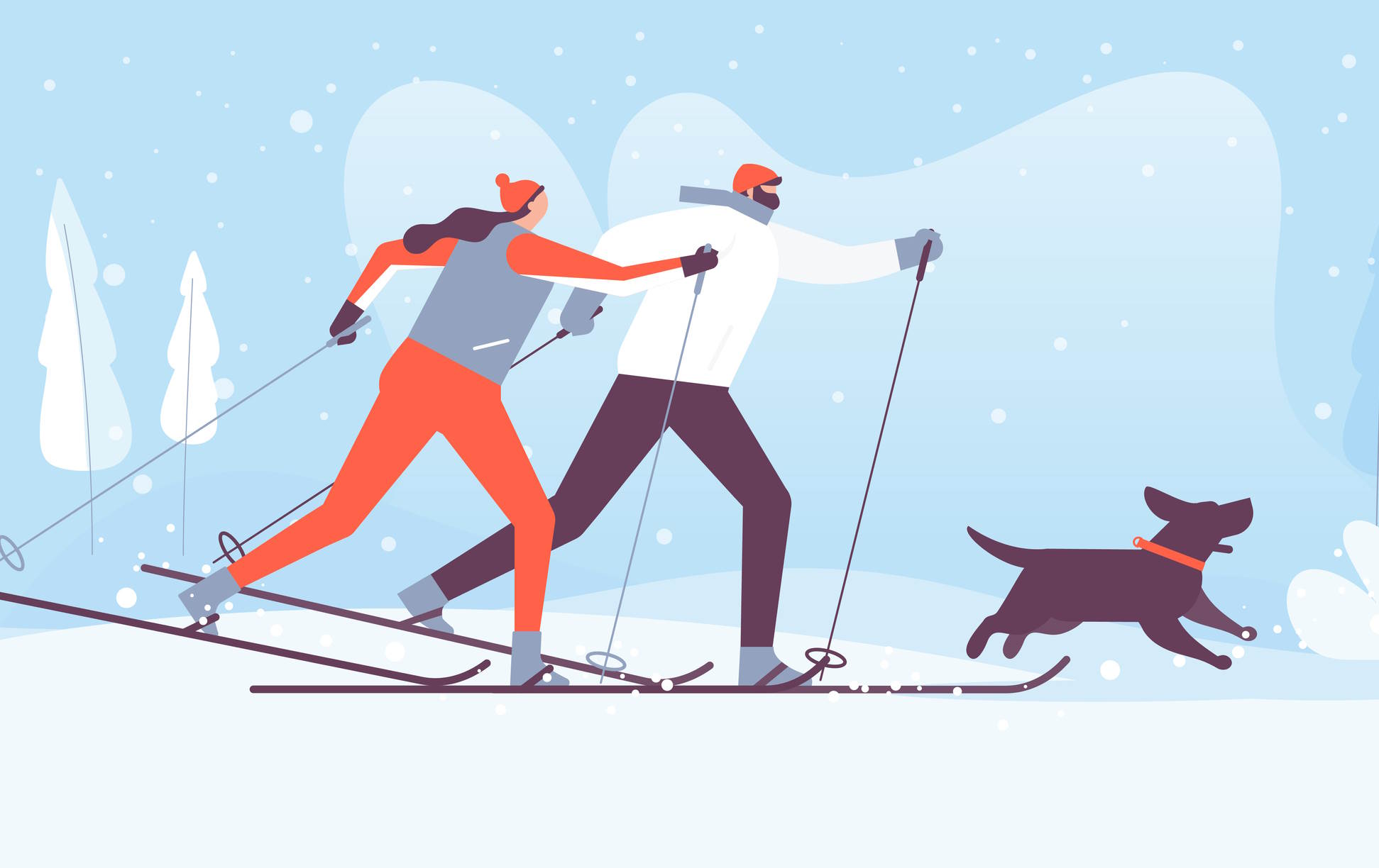 Vector image of a couple and their dog cross country skiing