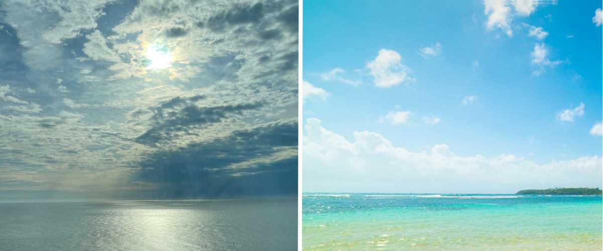 Image of the beach in Atlantic City at dusk and an image of a beach in the caribbean