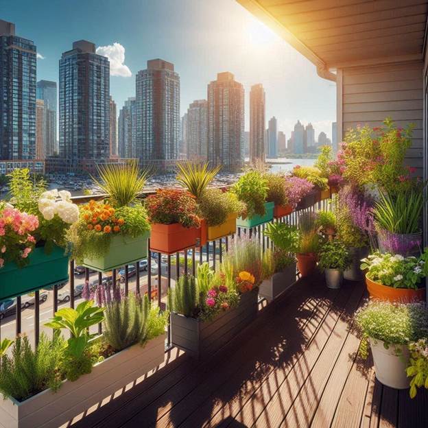 a balcony with flowers hanging