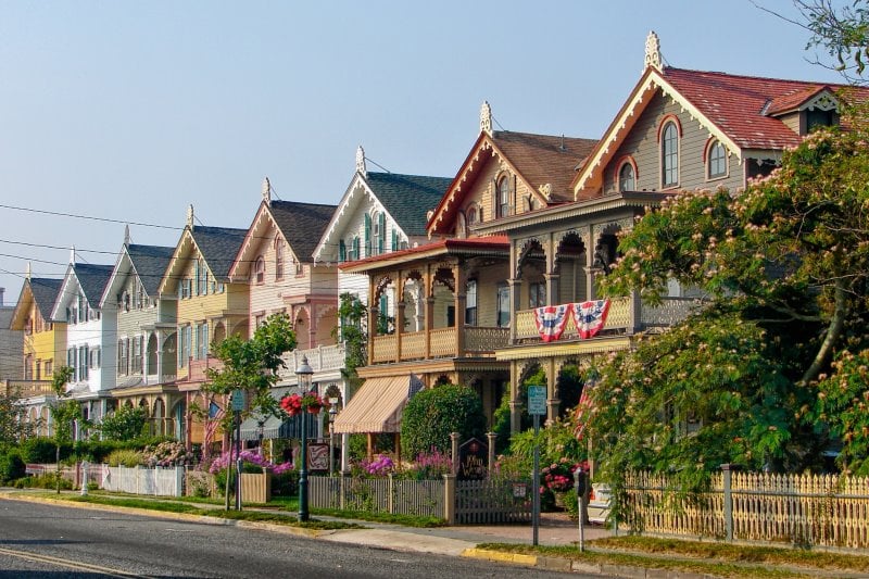 Photo of a beautiful row of houses with different pastel colors in Cape May NJ